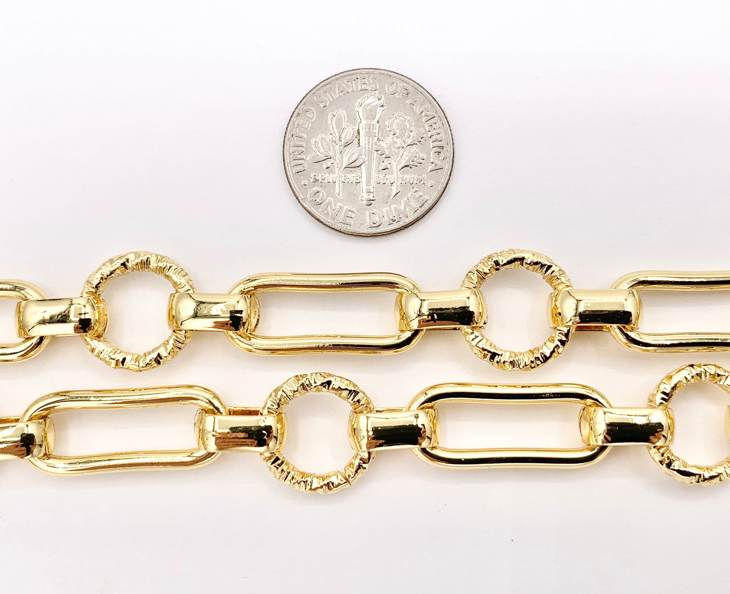 Paperclip + Textured Circle Link Chain in Real 18K Gold Plated Copper By The Spool For Jewelry Making