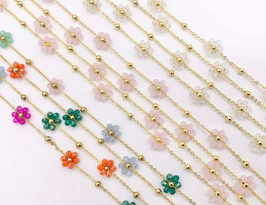 Colorful Crystal Beaded Daisy Flower Chain in 18K Gold Plated Copper By Spool For Jewelry Making