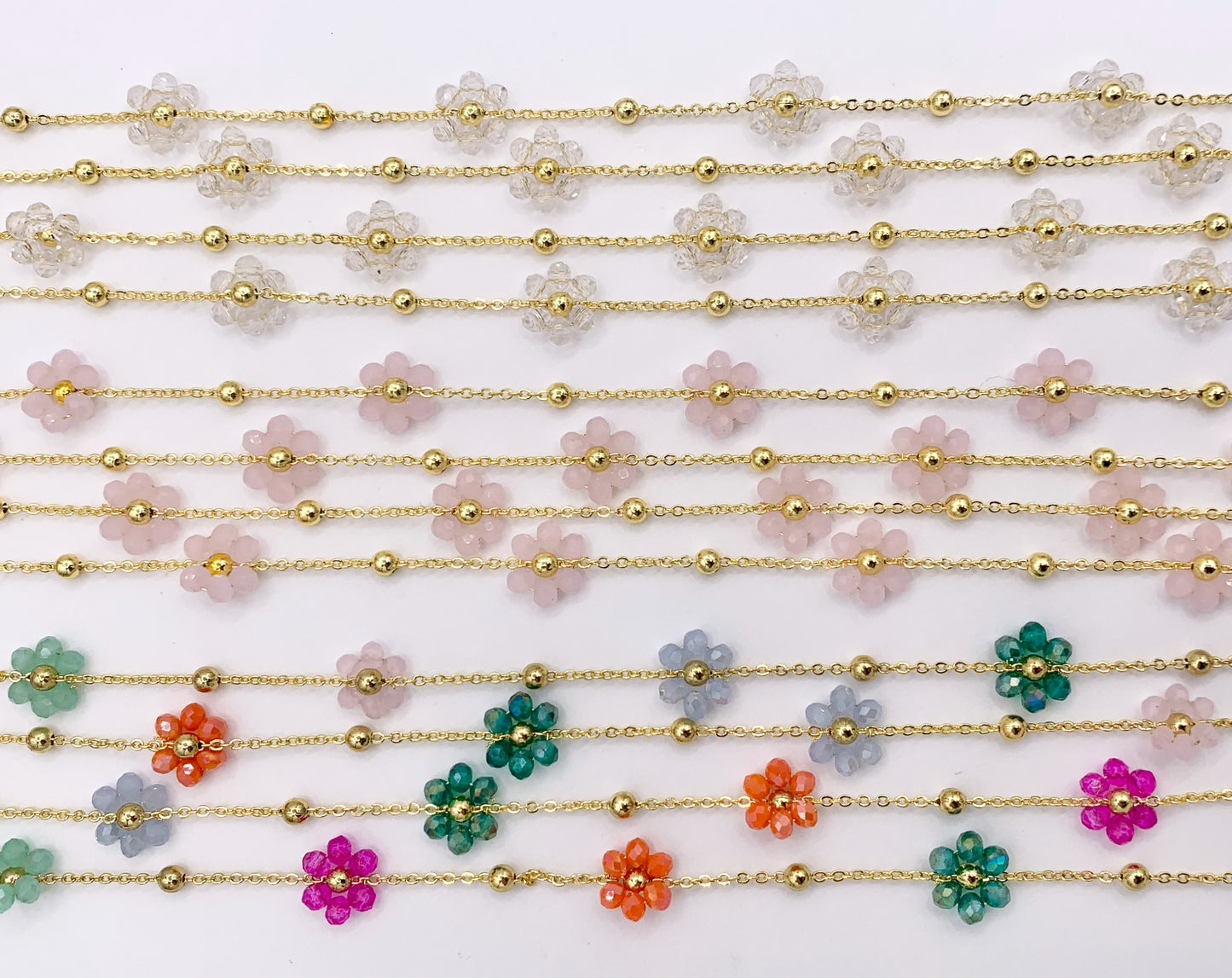 Colorful Crystal Beaded Daisy Flower Chain in 18K Gold Plated Copper By Spool For Jewelry Making