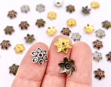 Load image into Gallery viewer, 10mm Pewter Tiny Flower Bead Caps Cute Space Beads in Gold, Silver, Copper and Bronze Color 125g
