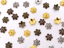 Load image into Gallery viewer, 10mm Pewter Tiny Flower Bead Caps Cute Space Beads in Gold, Silver, Copper and Bronze Color 125g
