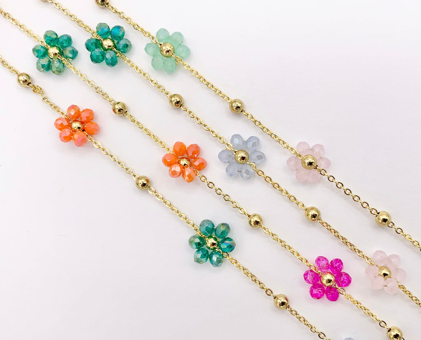 Colorful Crystal Beaded Daisy Flower Chain in 18K Gold Plated Copper By Spool For Jewelry Making