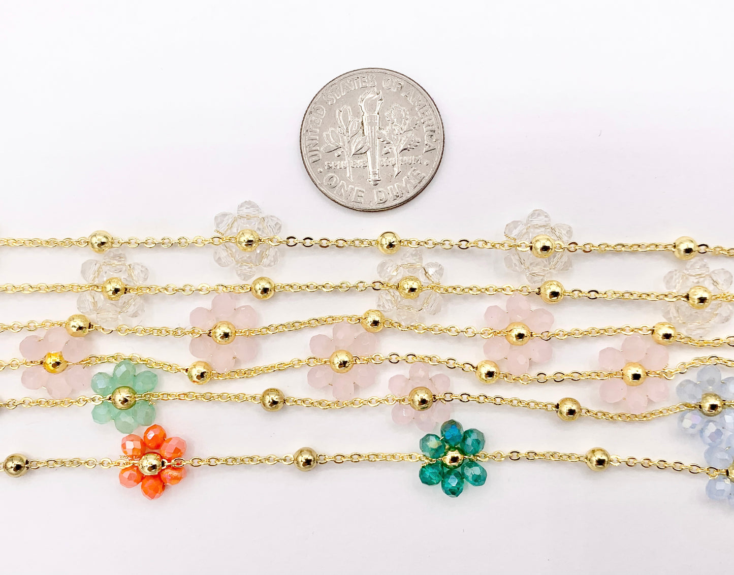 Colorful Crystal Beaded Daisy Flower Chain in 18K Gold Plated Copper By Spool For Jewelry Making