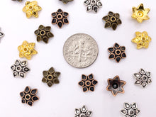 Load image into Gallery viewer, 10mm Pewter Tiny Flower Bead Caps Cute Space Beads in Gold, Silver, Copper and Bronze Color 125g
