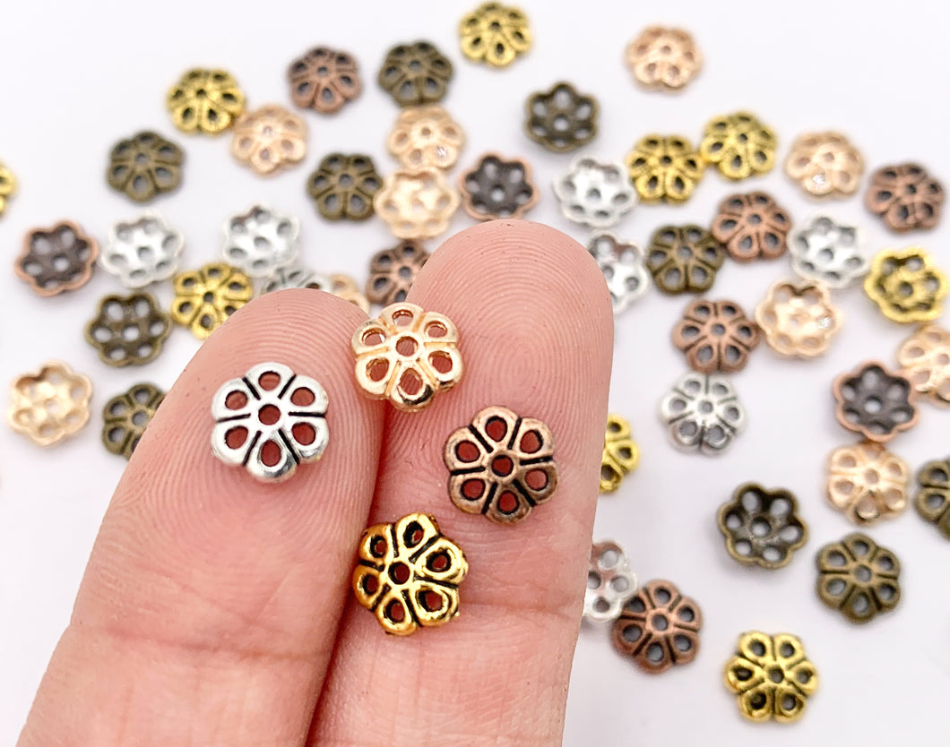 6-7mm Pewter Tiny Daisy Bead Caps Cute Flower Space Beads in Antique Gold, Rosy Gold, Silver, Copper and Bronze Color 100