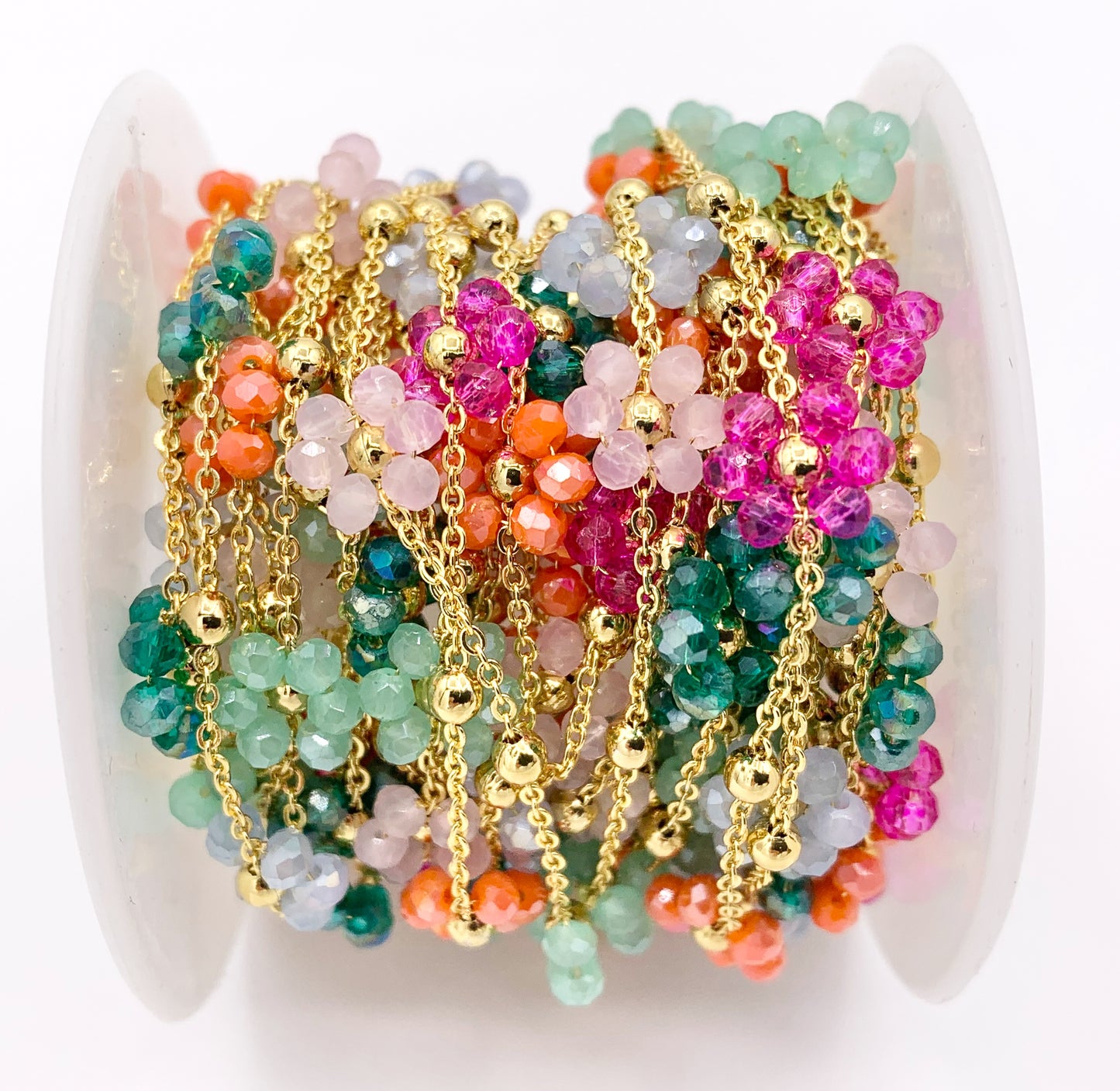 Colorful Crystal Beaded Daisy Flower Chain in 18K Gold Plated Copper By Spool For Jewelry Making