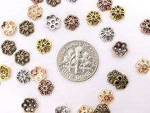 Load image into Gallery viewer, 6-7mm Pewter Tiny Daisy Bead Caps Cute Flower Space Beads in Antique Gold, Rosy Gold, Silver, Copper and Bronze Color 100
