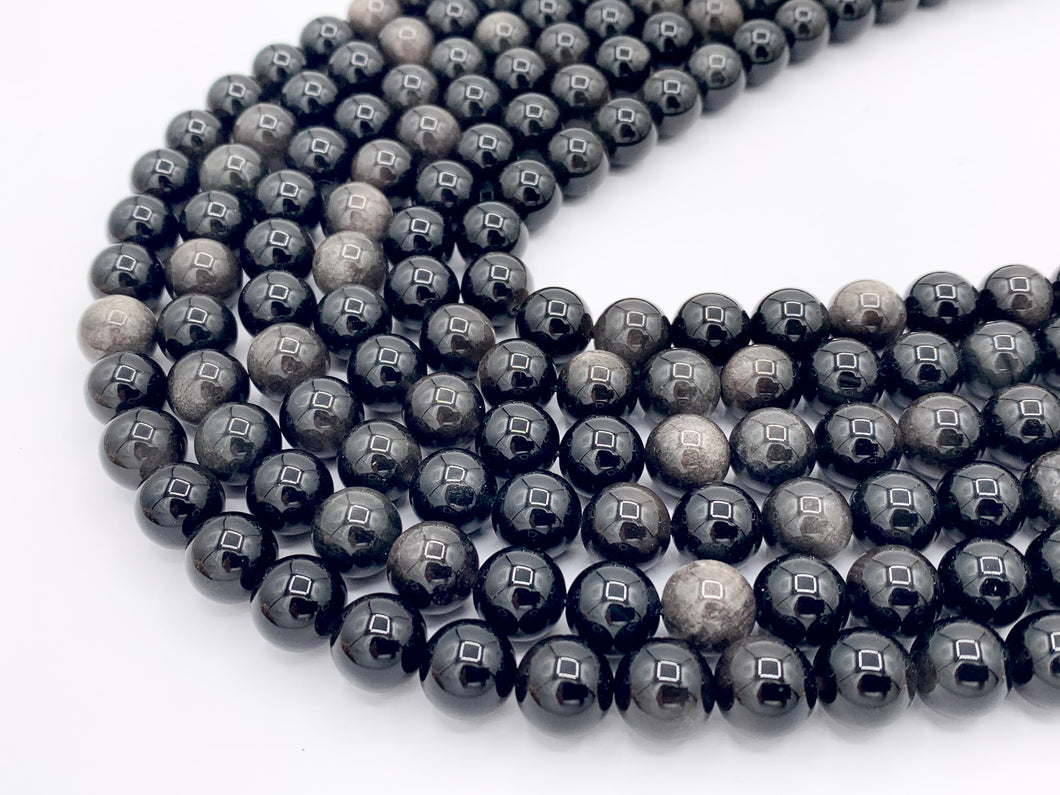 Silver Obsidian Round Smooth Shiny Natural Healing Gemstone Beads Men's and Women's bracelet 6-14mm Around 15