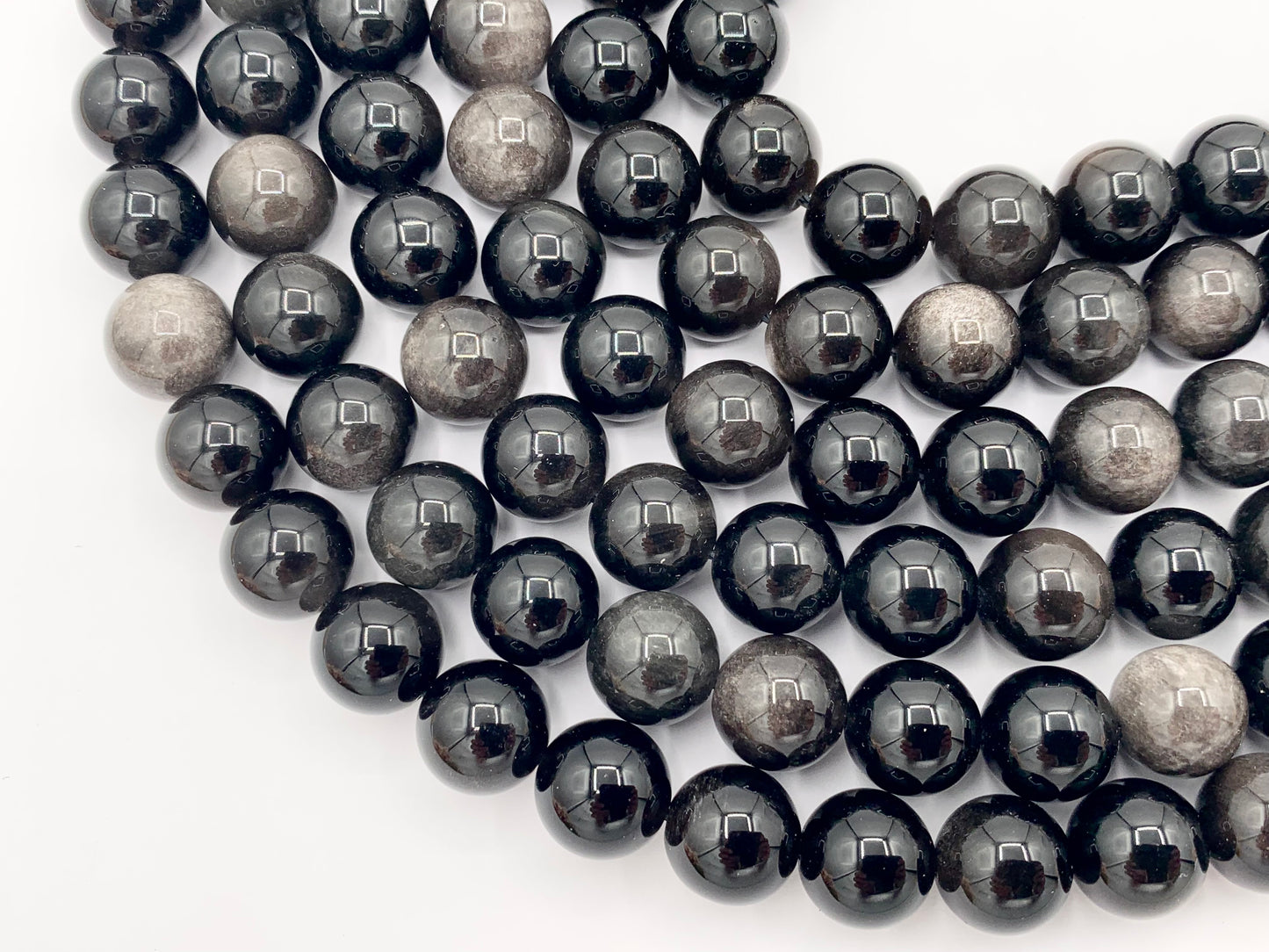 Silver Obsidian Round Smooth Shiny Natural Healing Gemstone Beads Men's and Women's bracelet 6-14mm Around 15"