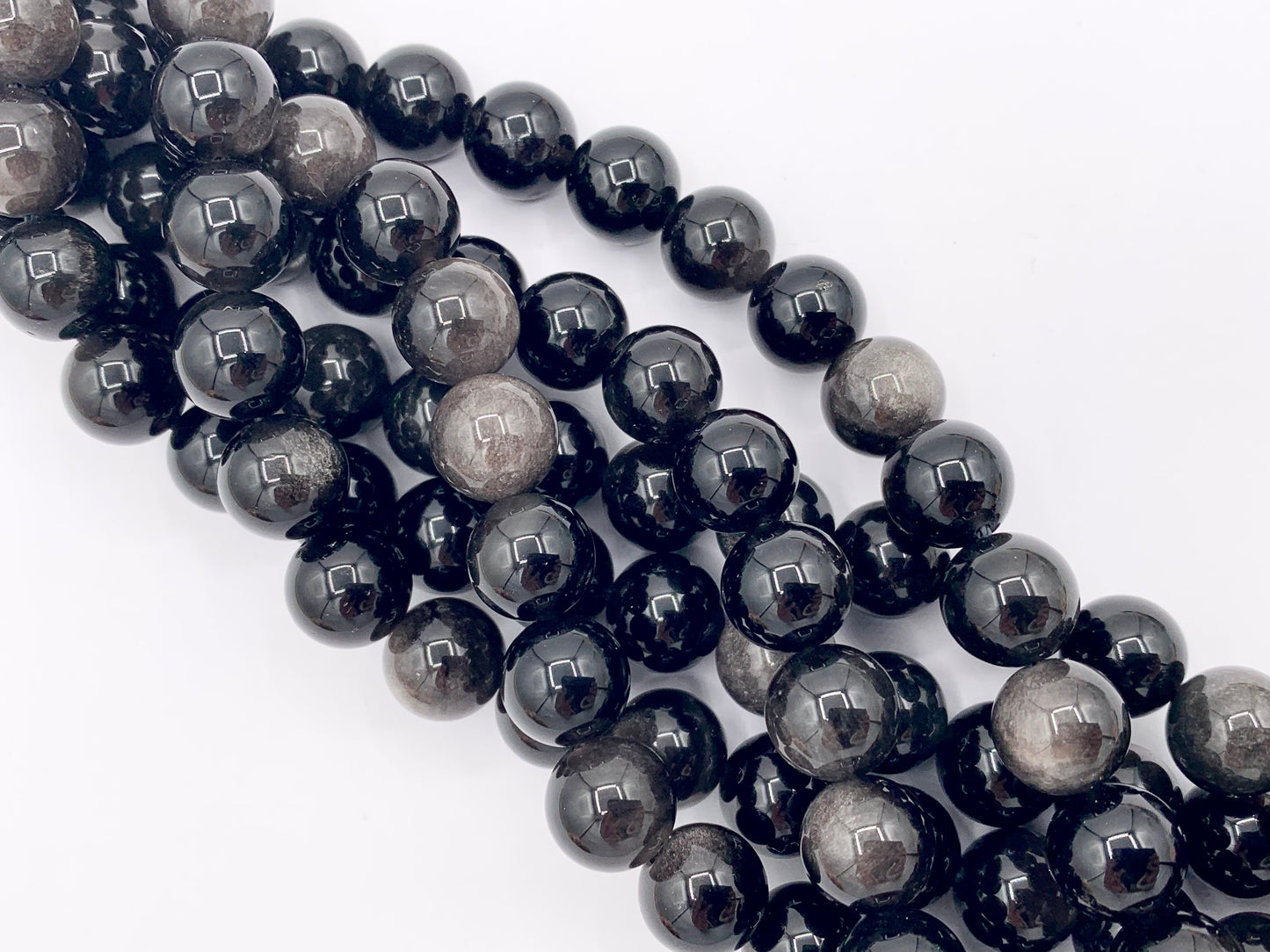 Silver Obsidian Round Smooth Shiny Natural Healing Gemstone Beads Men's and Women's bracelet 6-14mm Around 15"