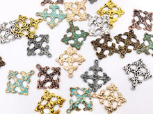 Load image into Gallery viewer, 27mm Pewter Cross Fleury Hammered Pendants in Antique Gold, Rosy Gold, Silver, Bronze, Copper, Gunmetal, Green &amp; Blue Patina
