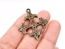 Load image into Gallery viewer, 27mm Pewter Cross Fleury Hammered Pendants in Antique Gold, Rosy Gold, Silver, Bronze, Copper, Gunmetal, Green &amp; Blue Patina
