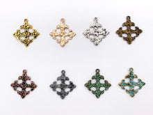 Load image into Gallery viewer, 27mm Pewter Cross Fleury Hammered Pendants in Antique Gold, Rosy Gold, Silver, Bronze, Copper, Gunmetal, Green &amp; Blue Patina
