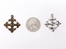 Load image into Gallery viewer, 27mm Pewter Cross Fleury Hammered Pendants in Antique Gold, Rosy Gold, Silver, Bronze, Copper, Gunmetal, Green &amp; Blue Patina
