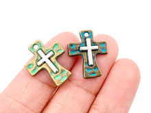 Load image into Gallery viewer, 14x18mm Pewter Small Hammered Cross Charms Religious Pendant in 7 Colors 25 PCS
