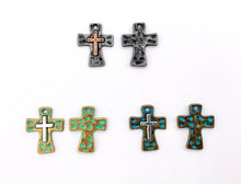 Load image into Gallery viewer, 14x18mm Pewter Small Hammered Cross Charms Religious Pendant in 7 Colors 25 PCS
