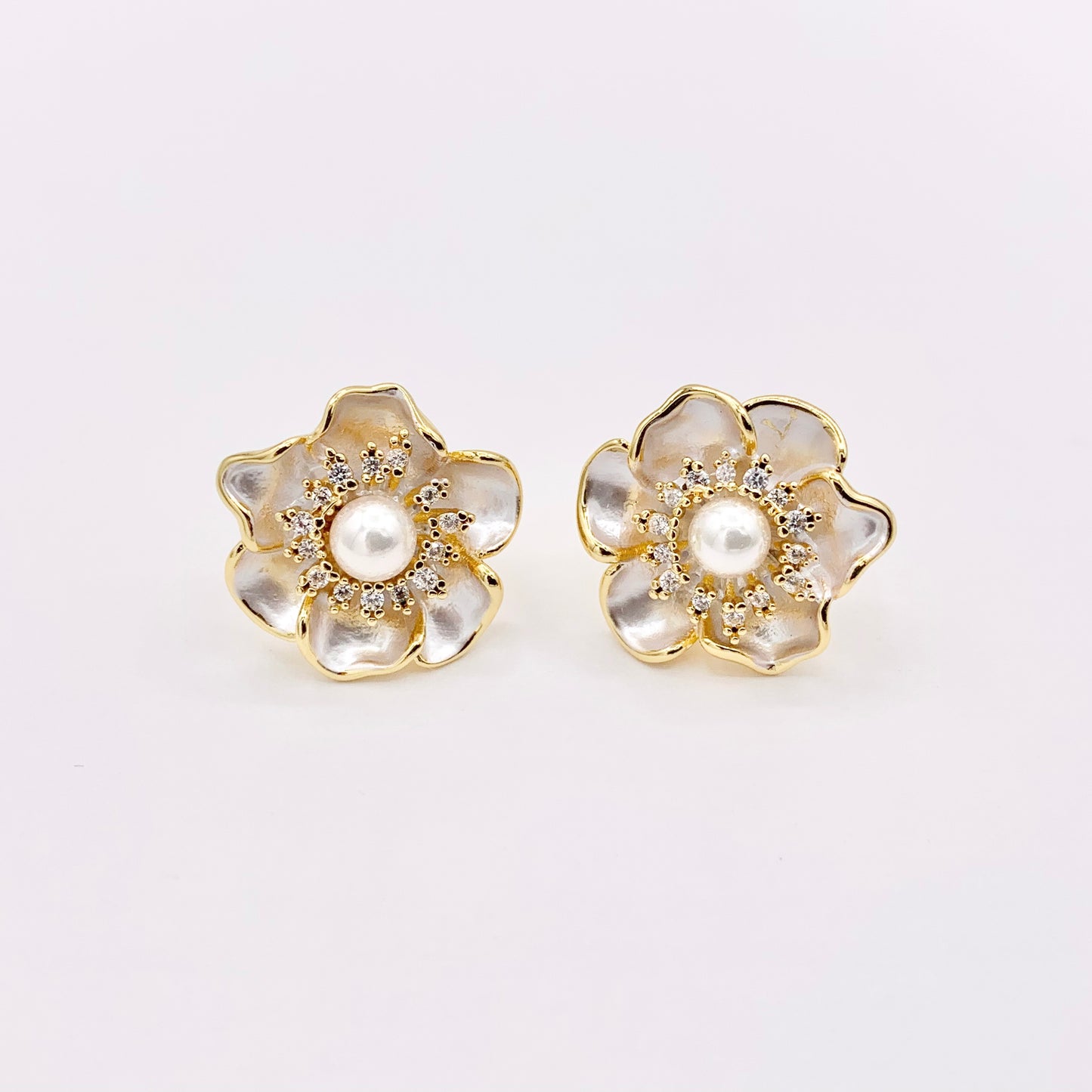 Shell Pearl Flower CZ Pave Earring Studs in Real 18K Gold Plated Over Copper 3 PAIRS