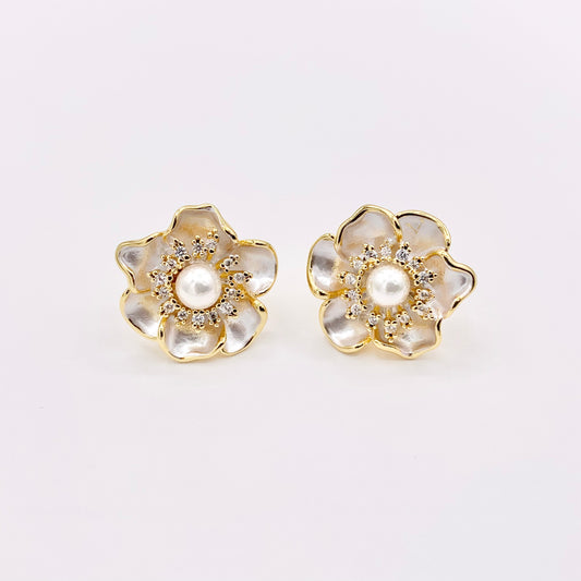 Shell Pearl Flower CZ Pave Earring Studs in Real 18K Gold Plated Over Copper 3 PAIRS