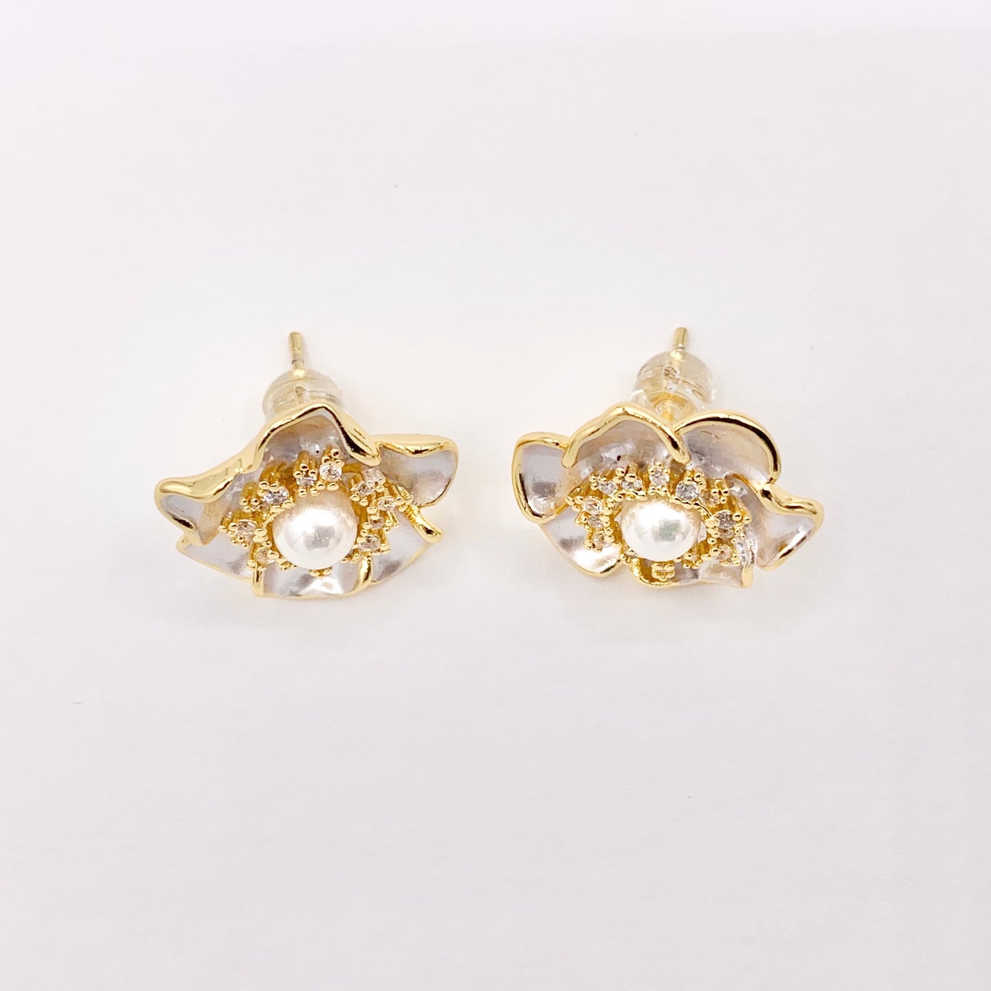 Shell Pearl Flower CZ Pave Earring Studs in Real 18K Gold Plated Over Copper 3 PAIRS