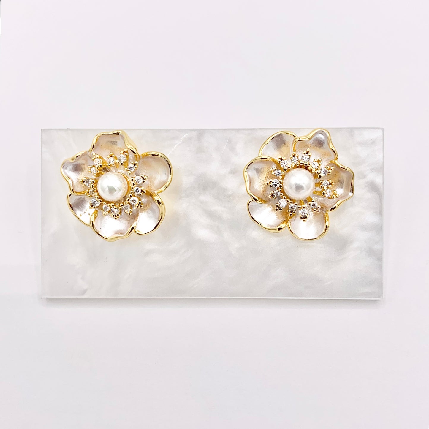 Shell Pearl Flower CZ Pave Earring Studs in Real 18K Gold Plated Over Copper 3 PAIRS