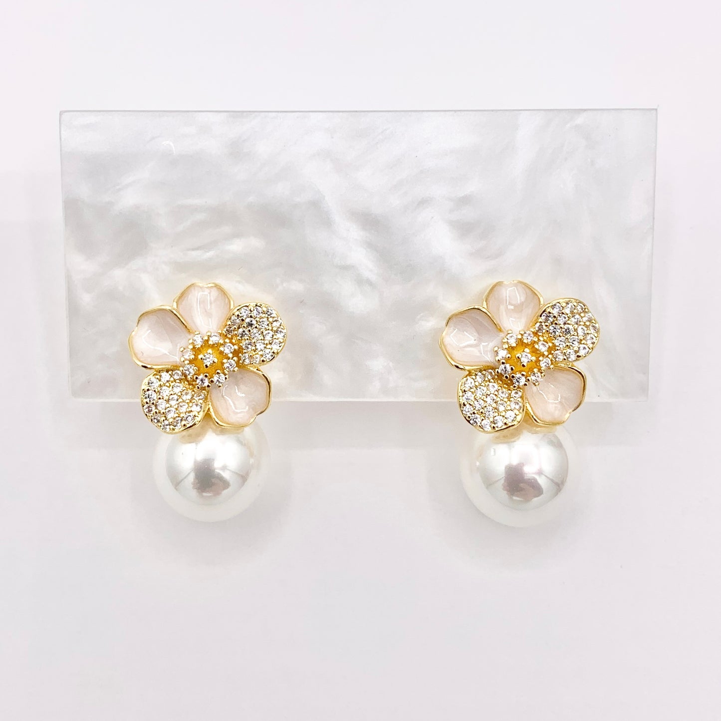 Shell Pearl Flower CZ Pave Earring Studs in Real 18K Gold Plated Over Copper 3 PAIRS