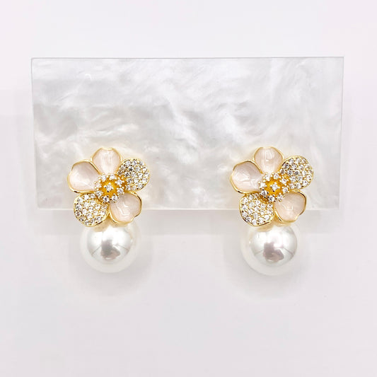 Shell Pearl Flower CZ Pave Earring Studs in Real 18K Gold Plated Over Copper 3 PAIRS