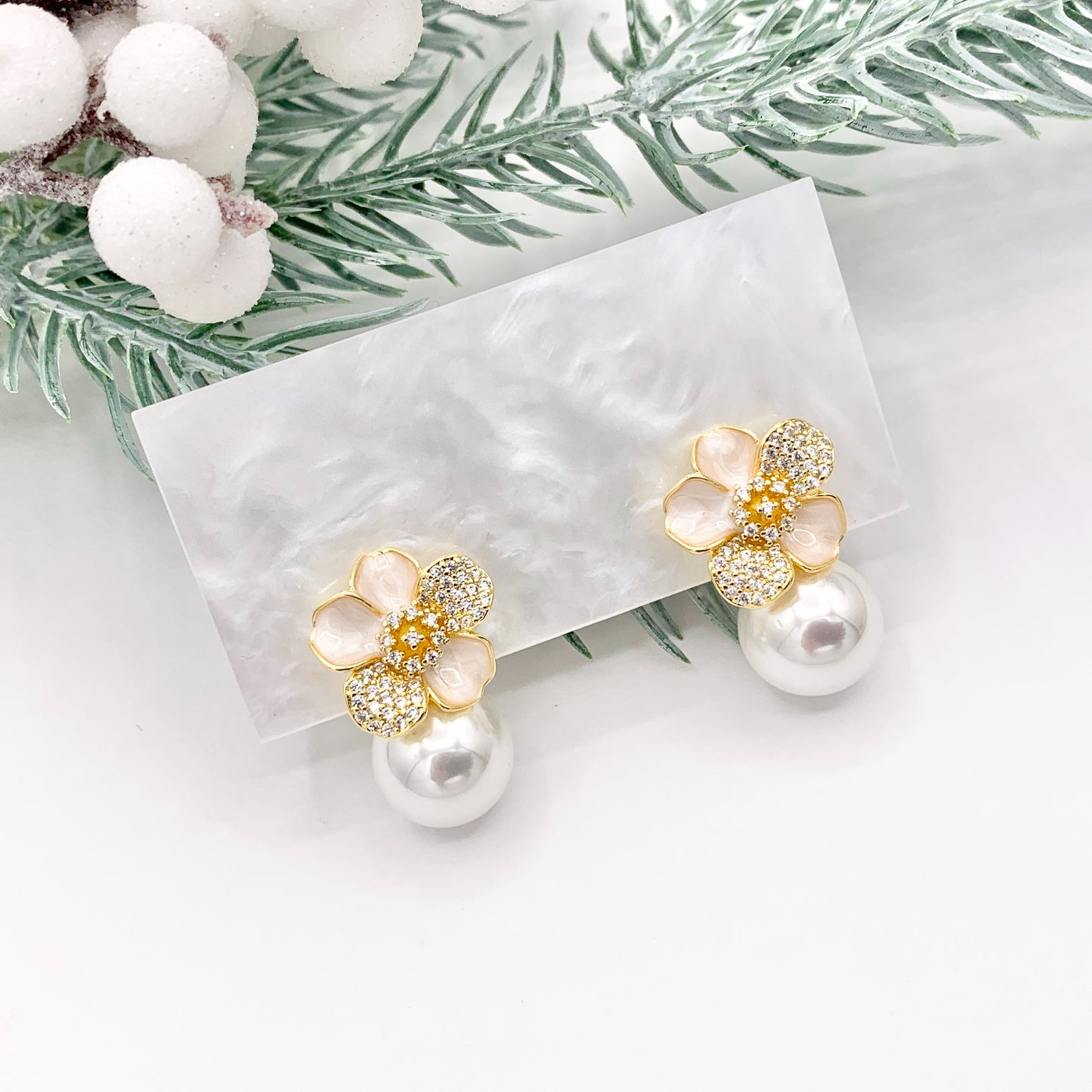 Shell Pearl Flower CZ Pave Earring Studs in Real 18K Gold Plated Over Copper 3 PAIRS