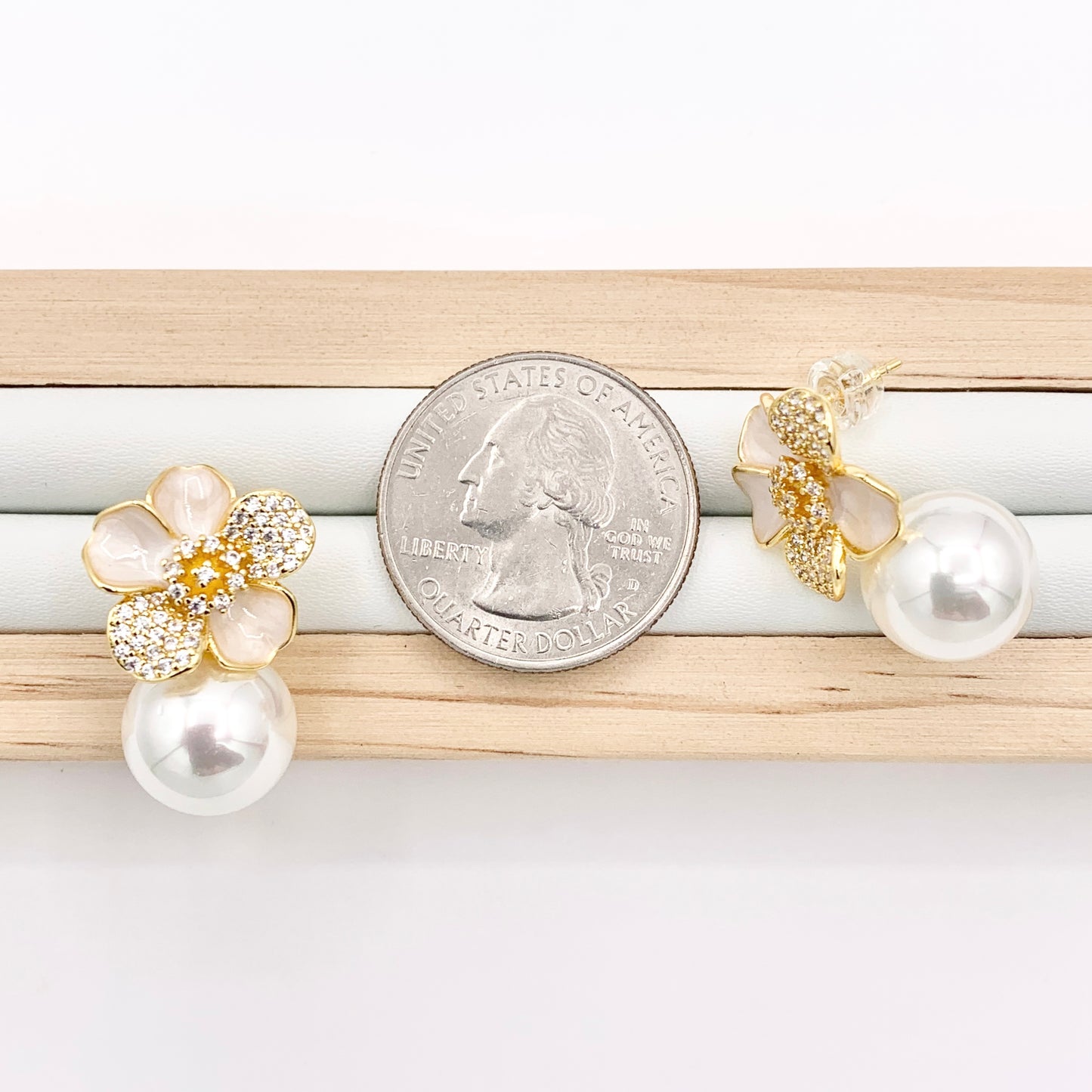 Shell Pearl Flower CZ Pave Earring Studs in Real 18K Gold Plated Over Copper 3 PAIRS