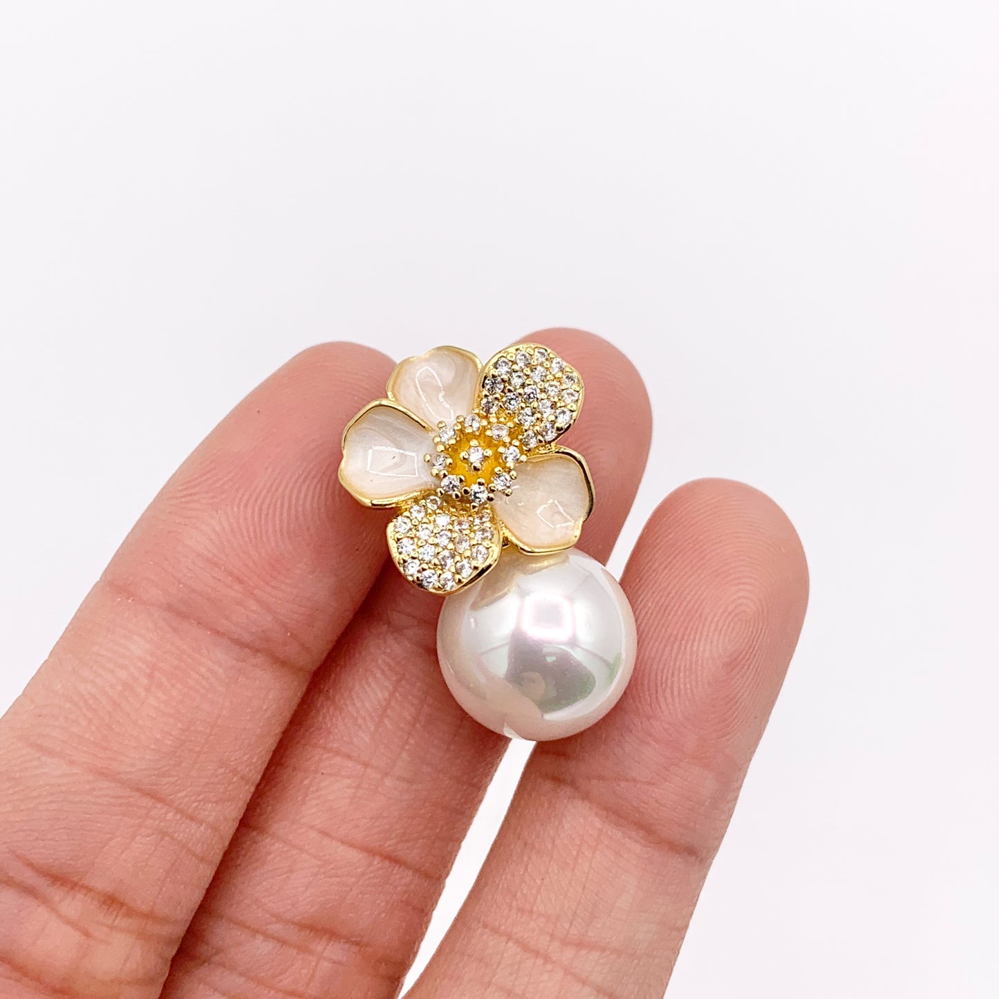 Shell Pearl Flower CZ Pave Earring Studs in Real 18K Gold Plated Over Copper 3 PAIRS