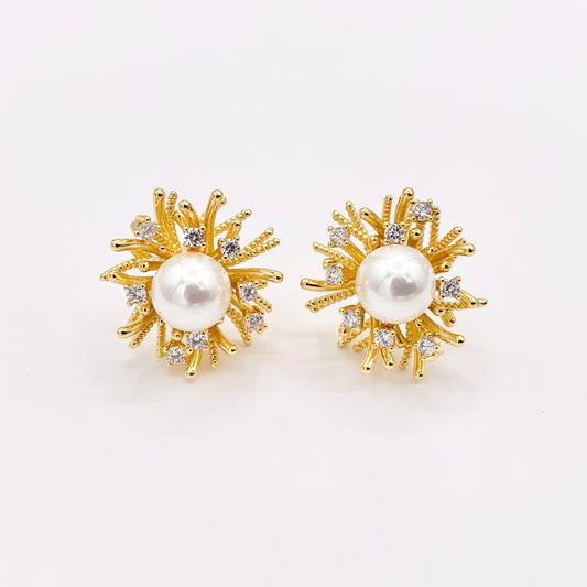 Pretty Unique Pearl Spiky Studs in 18K Gold Plated Copper 3 PAIRS