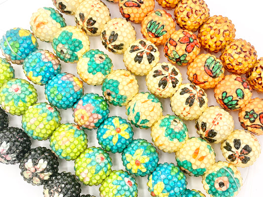 22mm Flower Print Acrylic Rhinestone Beads Shiny Round Ball Sparkle Gumball Resin Beads For Jewelry Making 6" |Available in 5 Colors