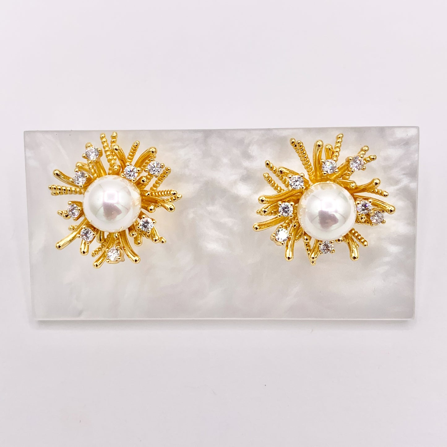 Pretty Unique Pearl Spiky Studs in 18K Gold Plated Copper 3 PAIRS