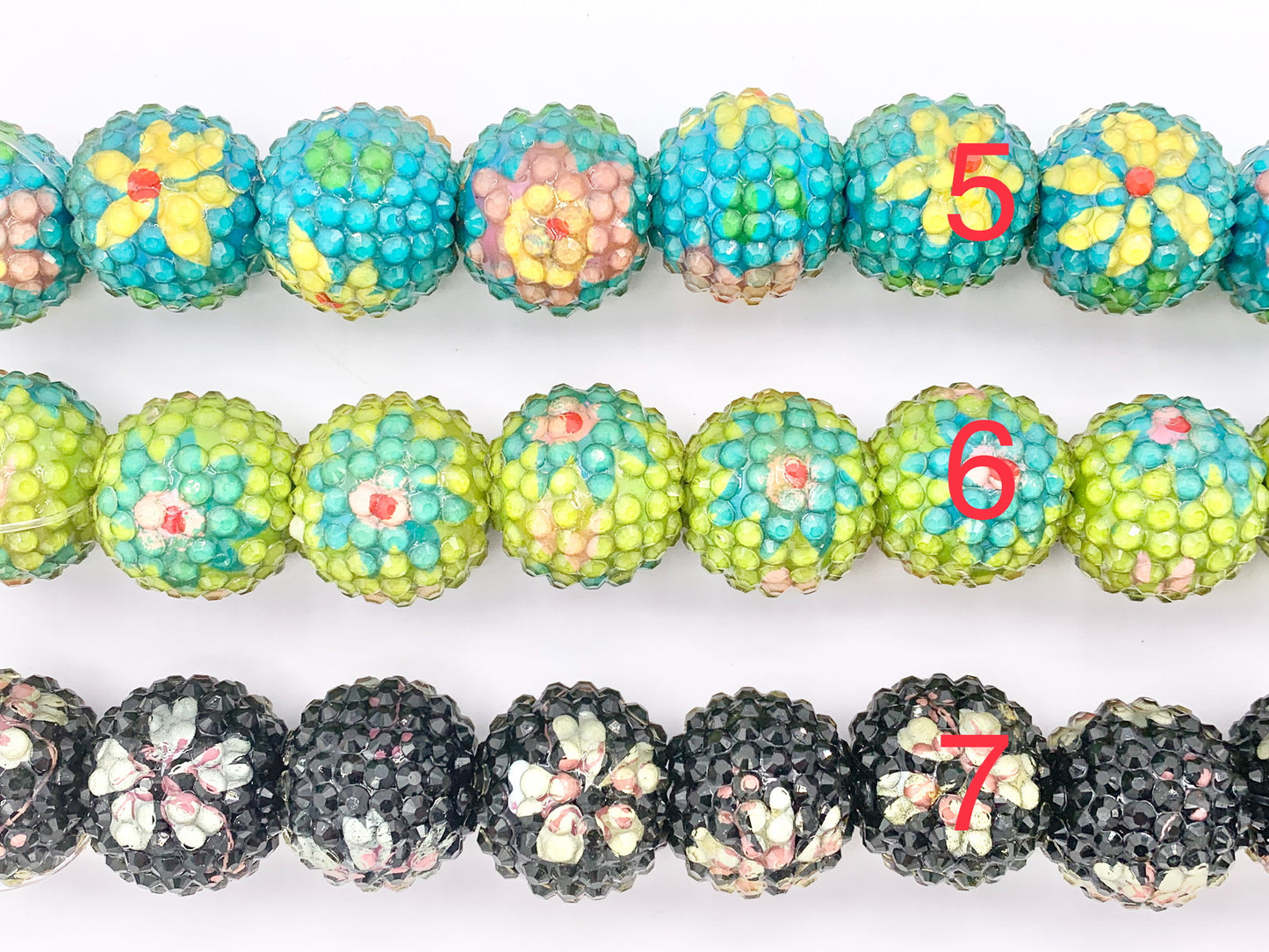 22mm Flower Print Acrylic Rhinestone Beads Shiny Round Ball Sparkle Gumball Resin Beads For Jewelry Making 6" |Available in 5 Colors