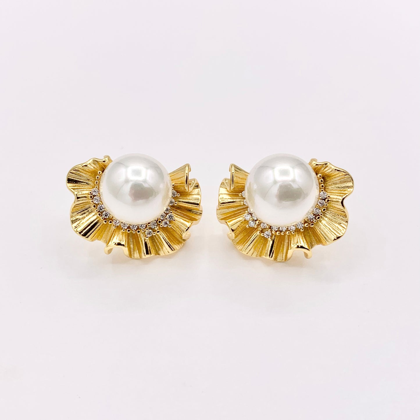 Shell Pearl Earrings Real Gold 18K Plated Copper CZ Pave Earring 3 PAIRS