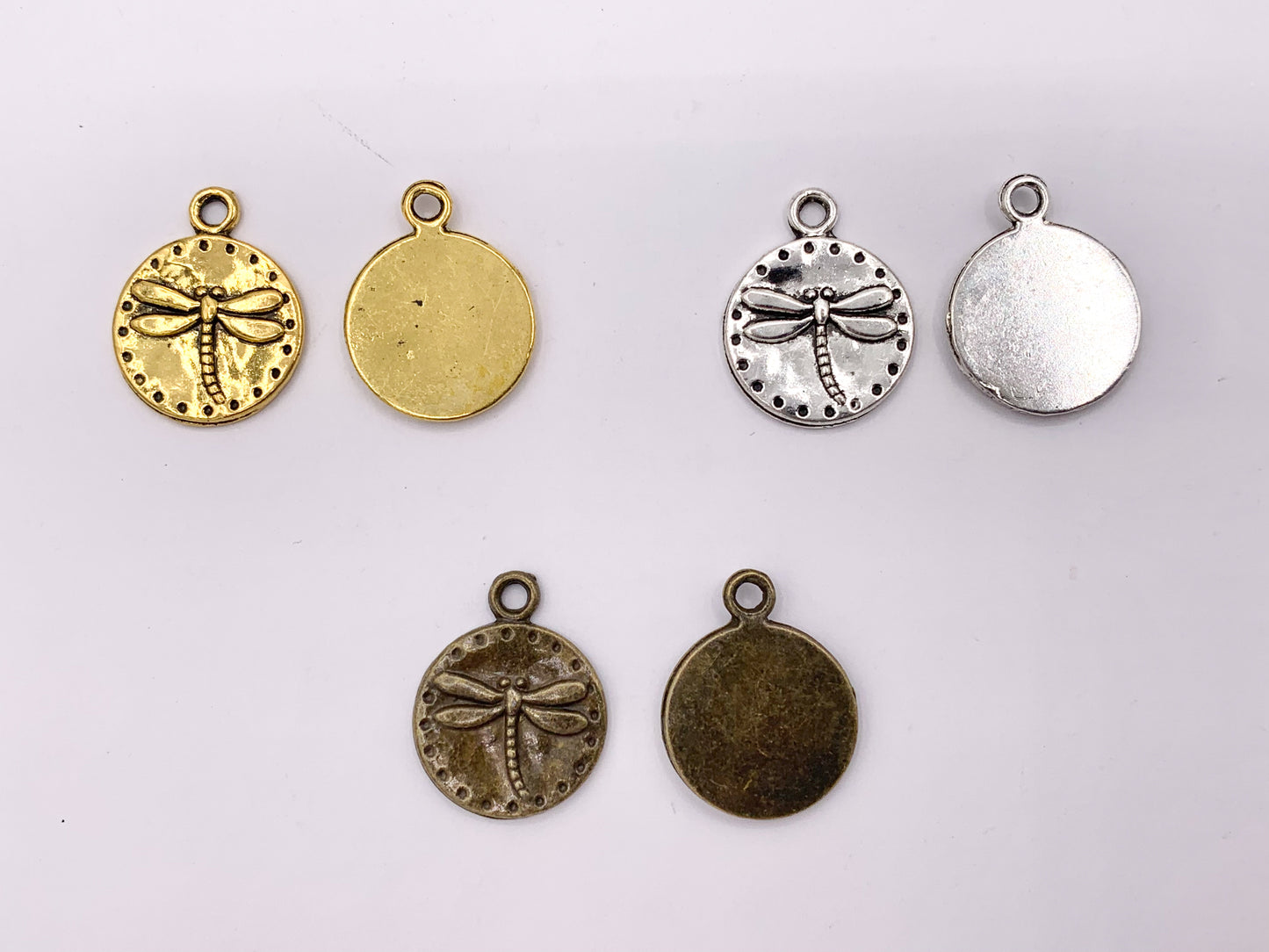 15mm Pewter Dragonfly Carved Circle Pendants Cute Animal Coin One Sided Charms Bulk Order in Gold, Silver, Brass 125g