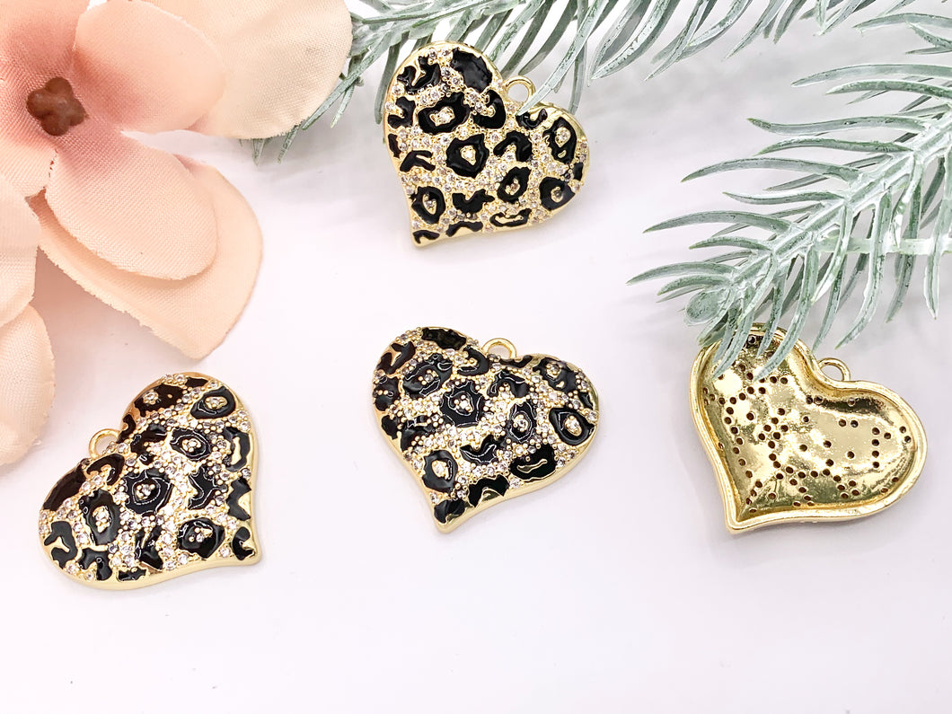 Enamel Leopard Heart CZ Pave Pendant Real Gold 18K Plated Micro CZ Cubic Zirconia Over Brass | Valentine's Day Gift Idea | Gifts for Her 4 PCS