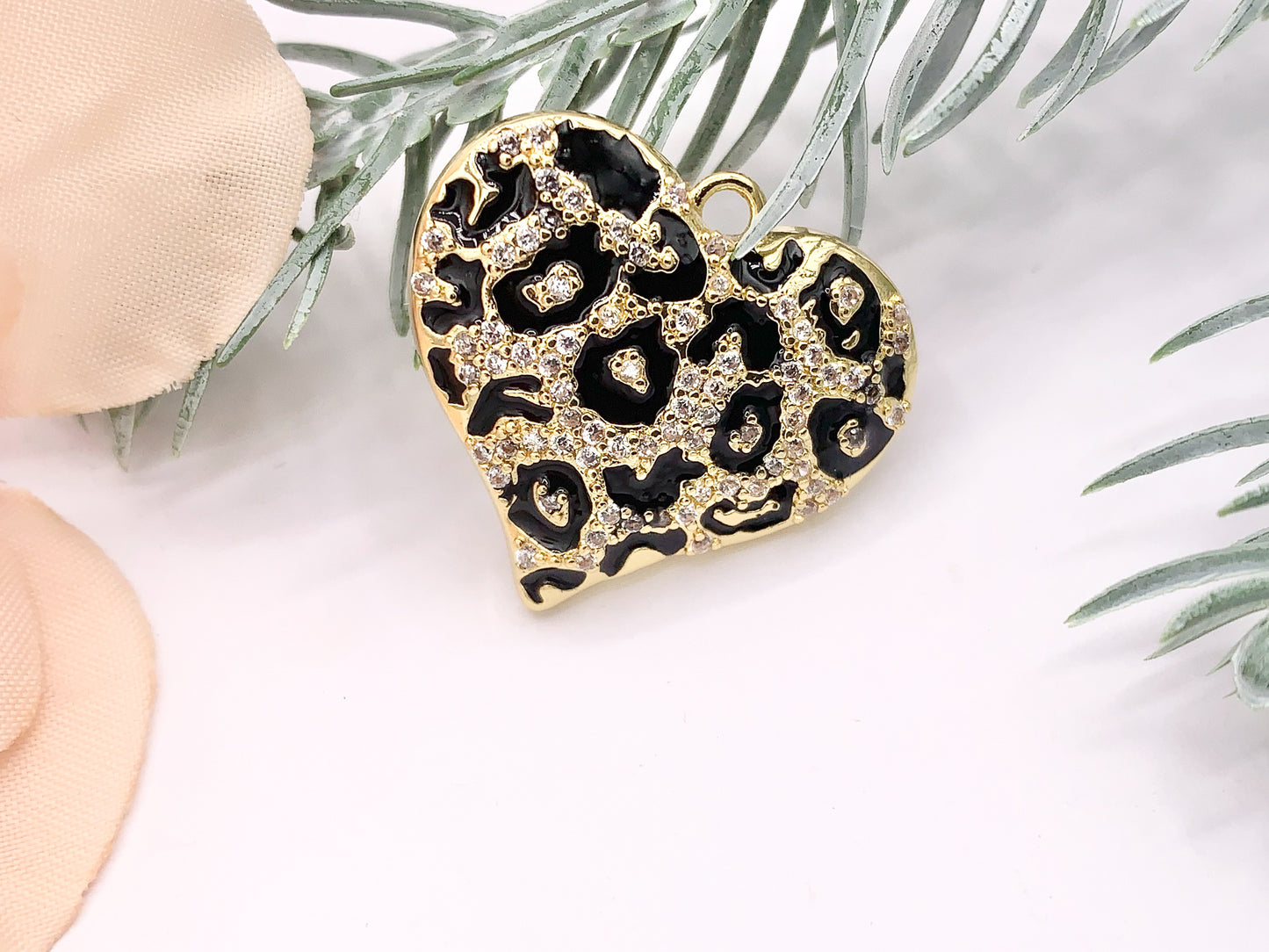 Enamel Leopard Heart CZ Pave Pendant Real Gold 18K Plated Micro CZ Cubic Zirconia Over Brass | Valentine's Day Gift Idea | Gifts for Her 4 PCS
