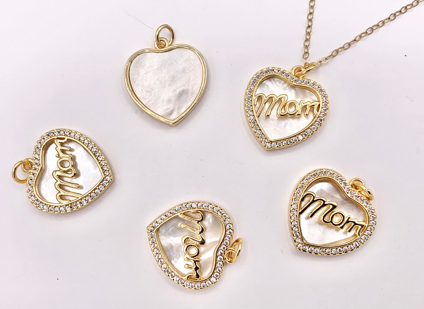 Mother of Pearl CZ Pave Heart Pendant with MOM Letters Charm in Real Gold 18K Plated Over Brass 5 PCS
