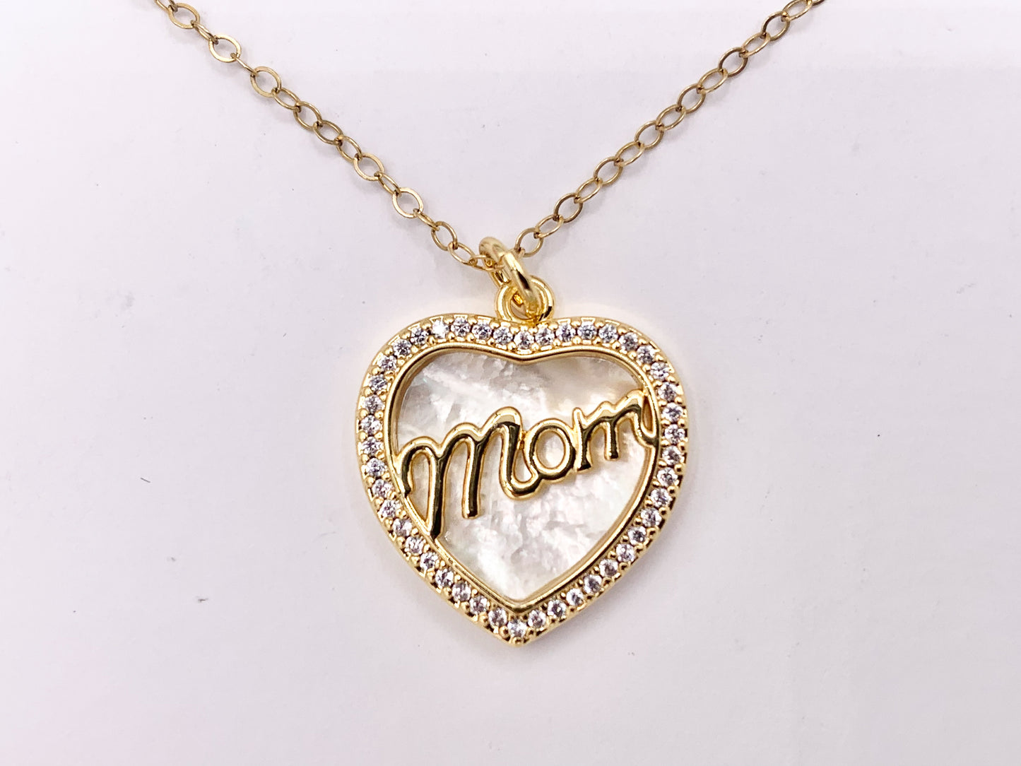 Mother of Pearl CZ Pave Heart Pendant with MOM Letters Charm in Real Gold 18K Plated Over Brass 5 PCS