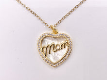 Load image into Gallery viewer, Mother of Pearl CZ Pave Heart Pendant with MOM Letters Charm in Real Gold 18K Plated Over Brass 5 PCS
