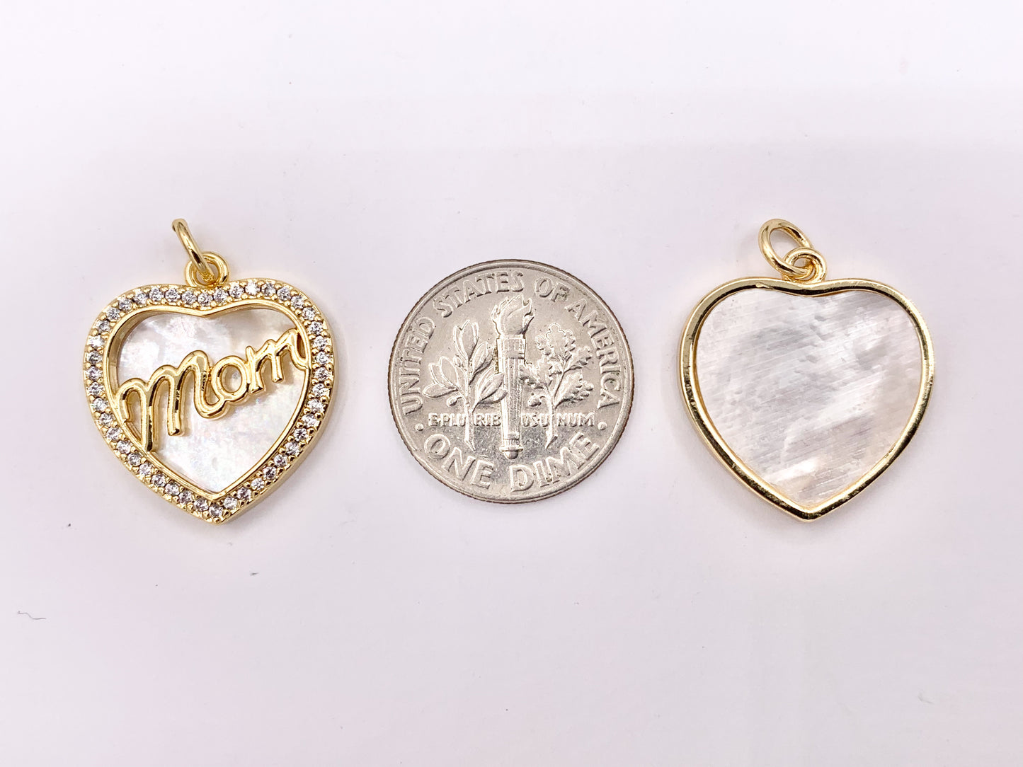 Mother of Pearl CZ Pave Heart Pendant with MOM Letters Charm in Real Gold 18K Plated Over Brass 5 PCS