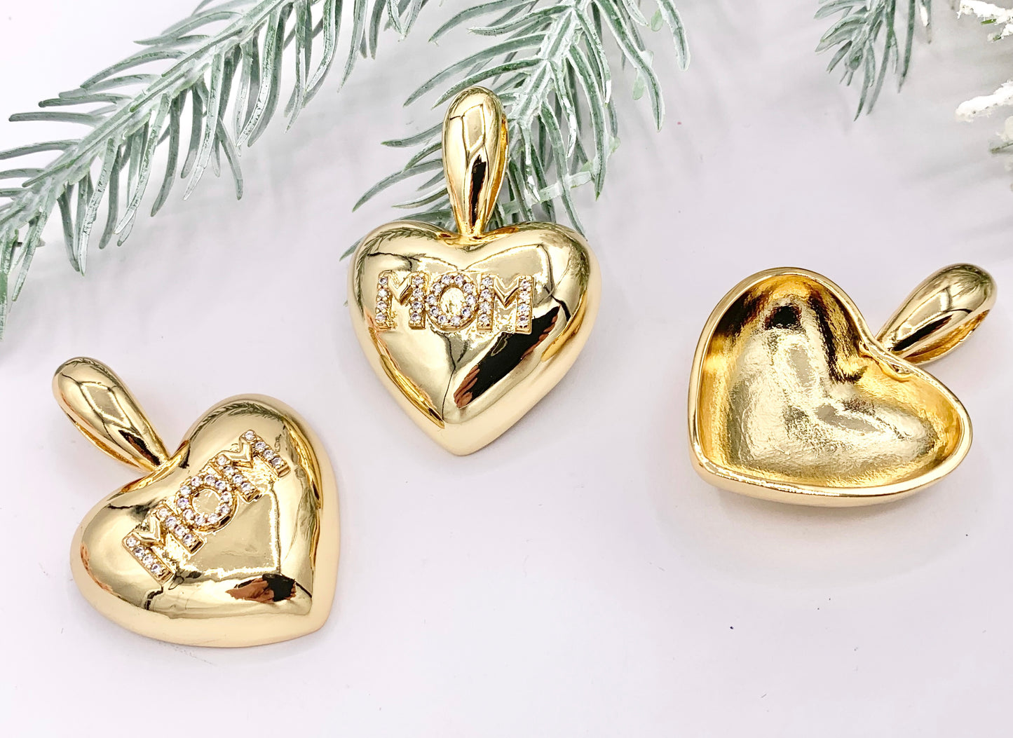 Large Puffy Heart Pendant with CZ MOM Letters Charms in 18K Gold Plated Copper Mother's Day Gift For Mom 3 PCS