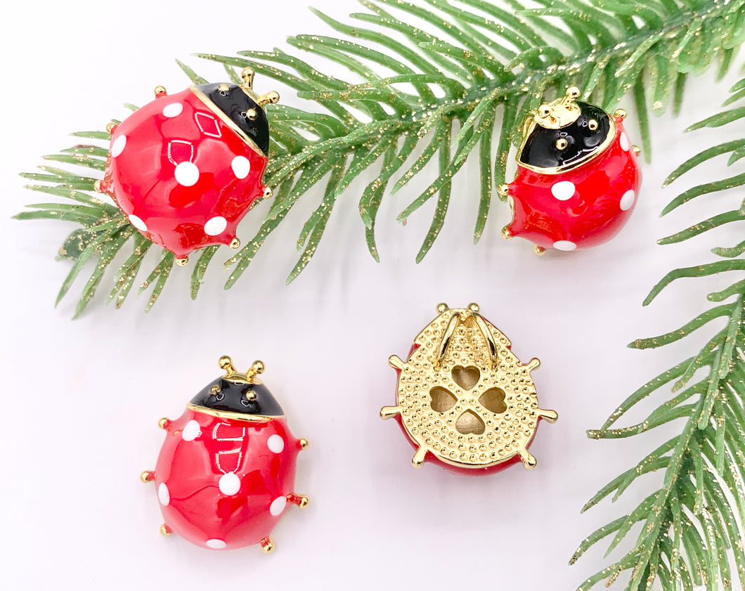 Cute Red Enamel Ladybug Charms 3D Puffy Charms in 18K Gold Plated Over Copper 5 PCS