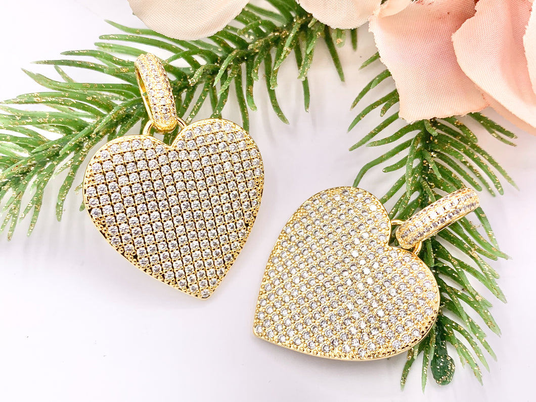 Large Heart CZ Pave Pendant Real Gold 18K Plated Micro CZ Cubic Zirconia Over Brass | Valentine's Day Gift Idea | Gifts for Her 3 PCS