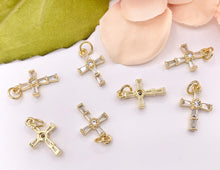 Load image into Gallery viewer, Cute Tiny Cross Charm Religious Charms in Real Gold 18K Plated Micro CZ Pave Over Brass 10 PCS
