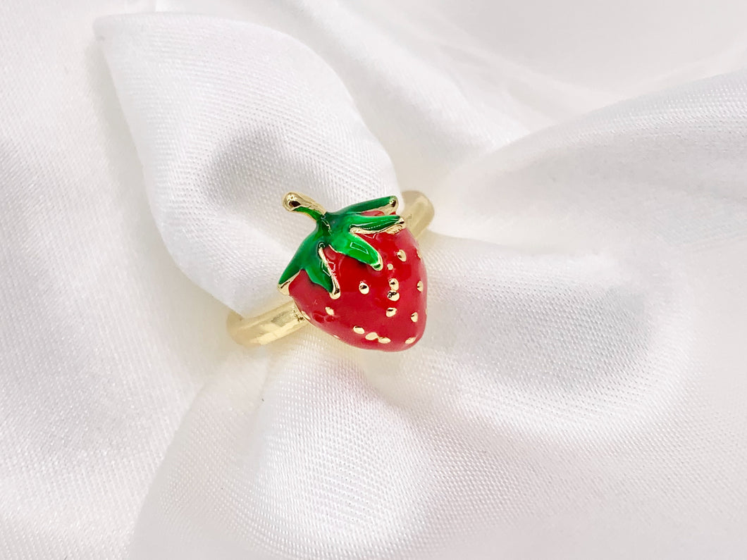 Red Strawberry Enamel 18K Gold Plated Copper Adjustable Ring 5 PCS