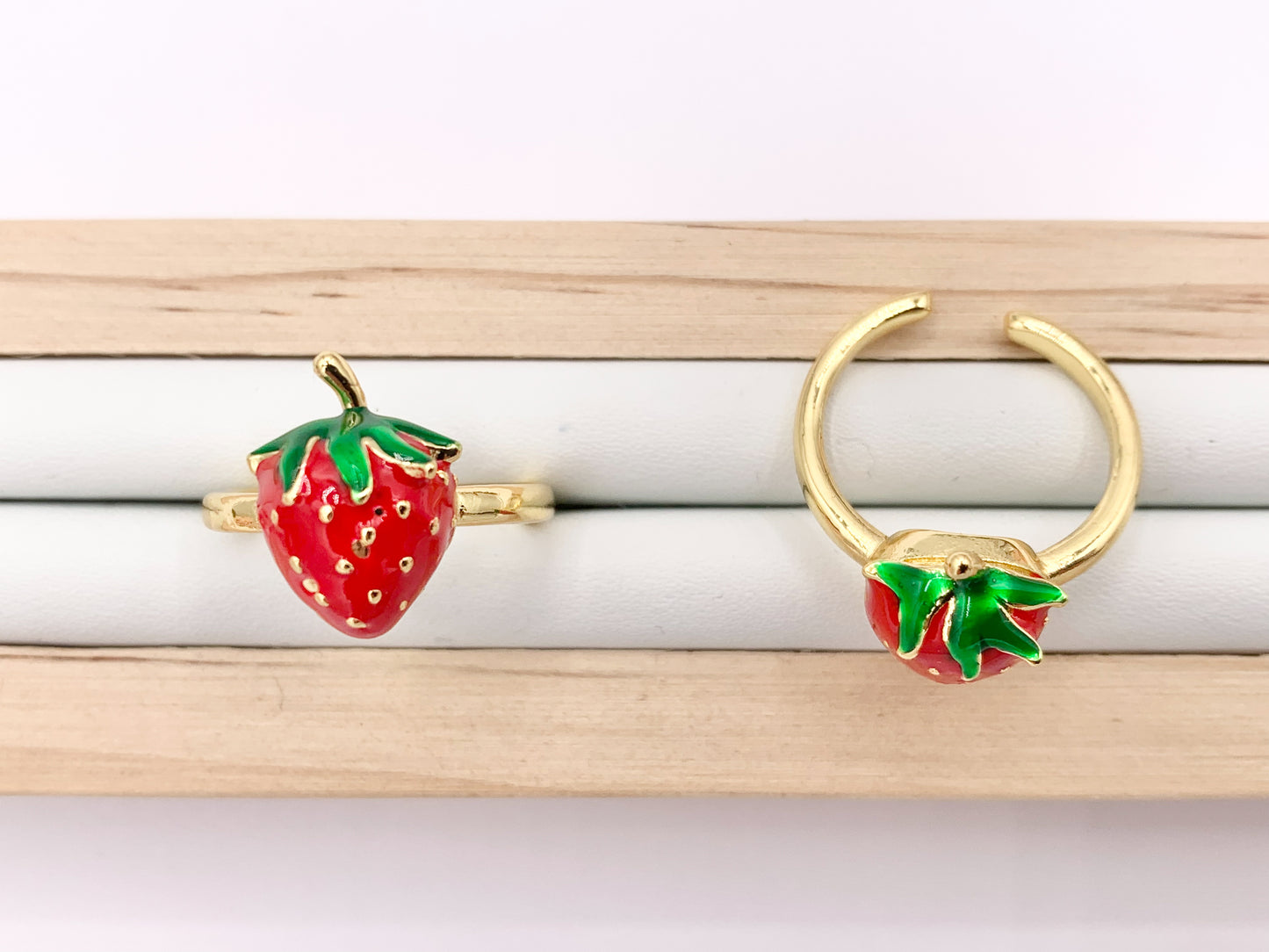 Red Strawberry Enamel 18K Gold Plated Copper Adjustable Ring 5 PCS