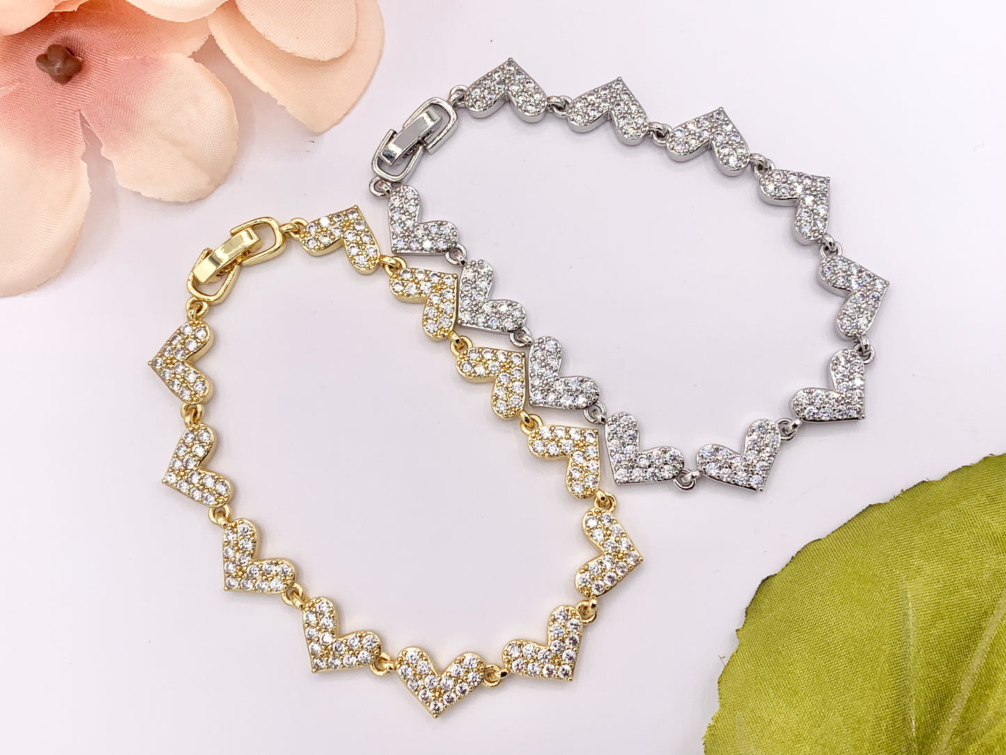 7" Delicate 18K Gold/Silver Plated Dainty Minimalist Fancy Heart Rhinestone Chain Bracelet 2 PCS