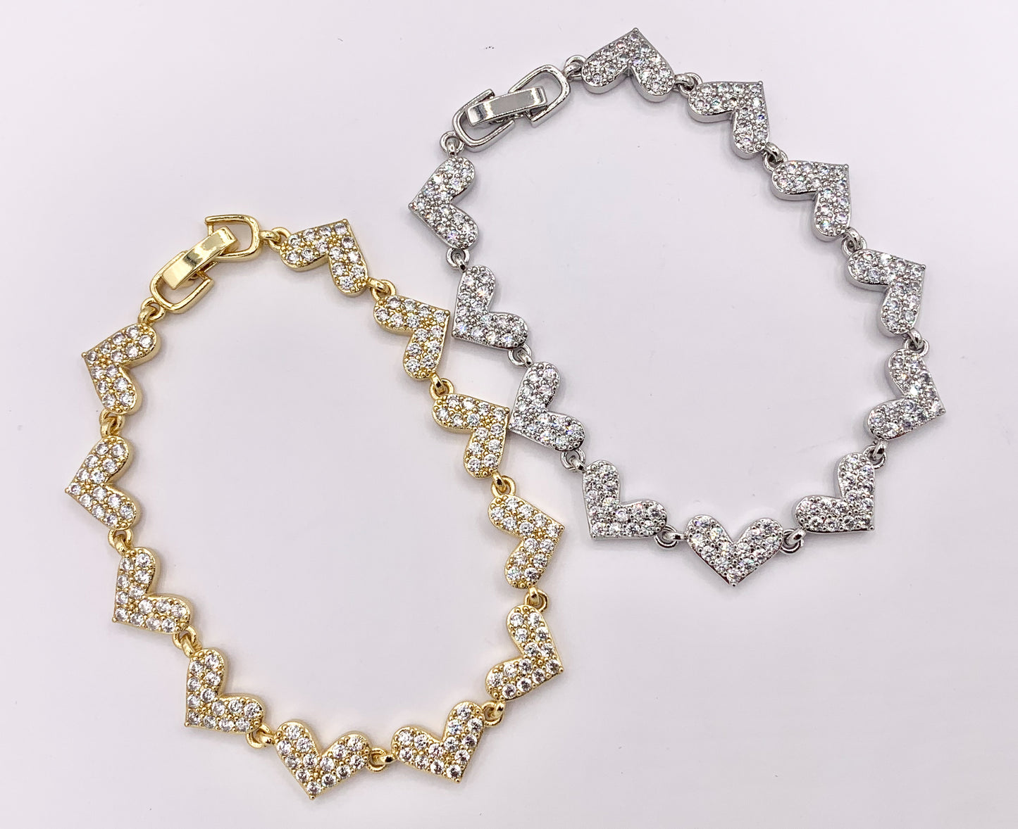 7" Delicate 18K Gold/Silver Plated Dainty Minimalist Fancy Heart Rhinestone Chain Bracelet 2 PCS