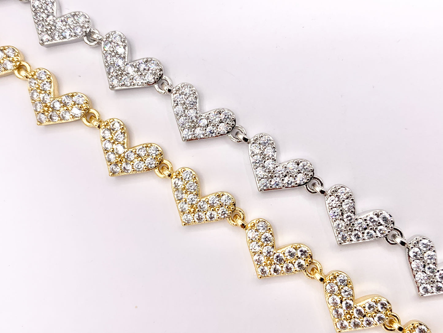 7" Delicate 18K Gold/Silver Plated Dainty Minimalist Fancy Heart Rhinestone Chain Bracelet 2 PCS